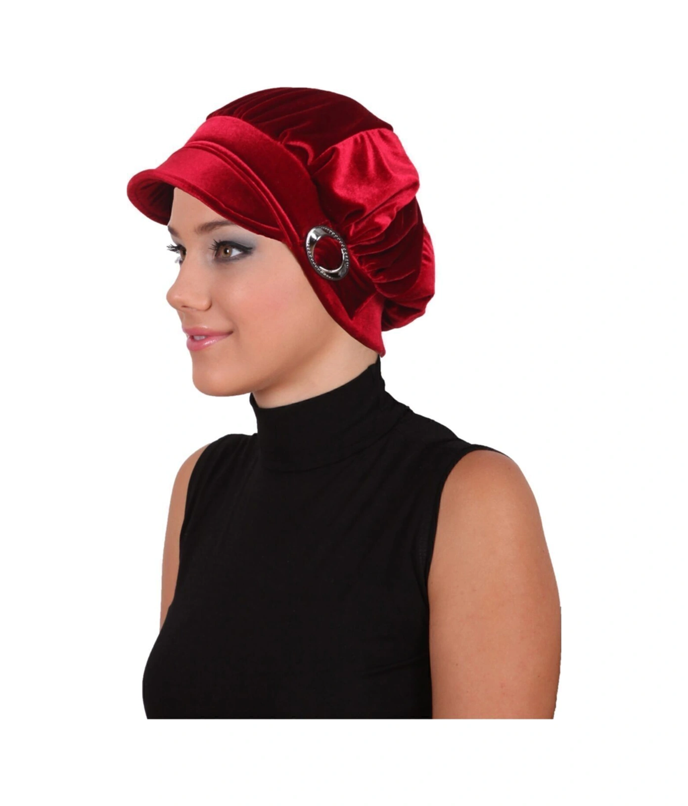 Kadife Şapka Toka Detaylı Bordo Hazır Türban Tesettür Bone Bordo