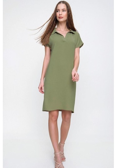Kadın Bol Kesim Polo Yaka Kısa Kollu Günlük Kısa Midi Elbise Dizüstü 2883200 Haki