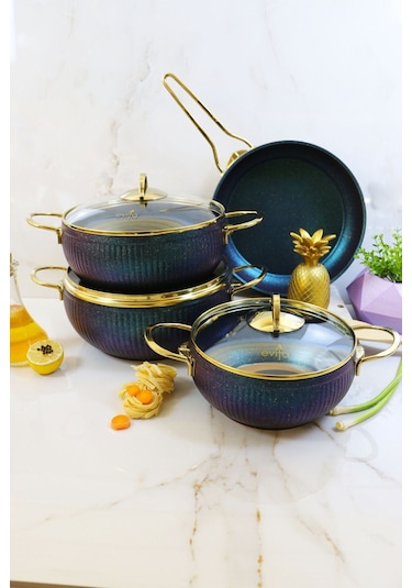 Evita 7 Parça Granit Cam Kapaklı Küre Güveç Tencere Seti Yeşil
