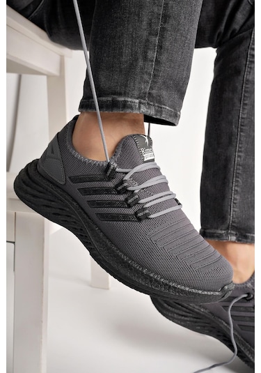 Muggo Montag Garantili Günlük Ortopedik Kaymaz Taban Bağcıklı Çizgili Erkek Sneaker Spor Ayakkabı Füme