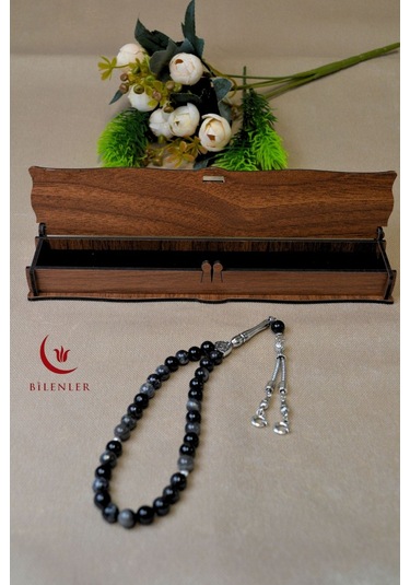 Labradorit Taşlı 33 Lü Erkek Tesbih Doğal Taş, Ahşap Kutulu Çok Renkli