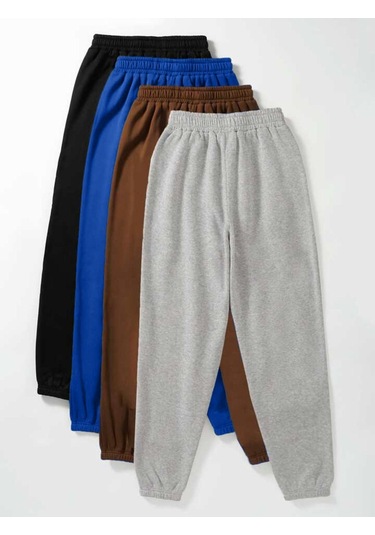 4'lü Basic Düz Ince Eşofman Altı Jogger Siyah Sax Mavi Kahverengi Gri Lastik Paça Yüksel Bel Siyah Sax Kahve Gri