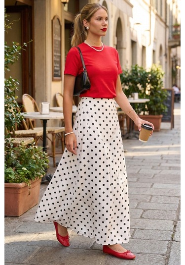 Madmext Beyaz Puantiyeli Maxi Kadın Saten Etek Mg2725