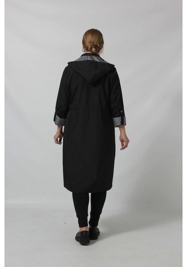 Uzun Astar Detaylı Bondit Trençkot Siyah Siyah