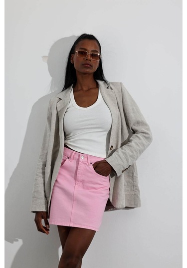 Pembe Mini Denim Etek Pembe