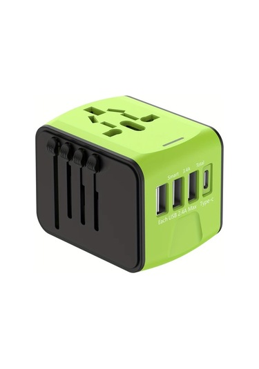 Fochsia Green Global Seyahat Adaptörü Tip C 3 Usb Port Ve Ac Prizli Evrensel Seyahat Şarj Aleti Siyah