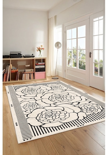 Zeminde Çizgisel Bahar Siyah Beyaz Çiçekli Kaymaz Taban Halı Siyah - Beyaz