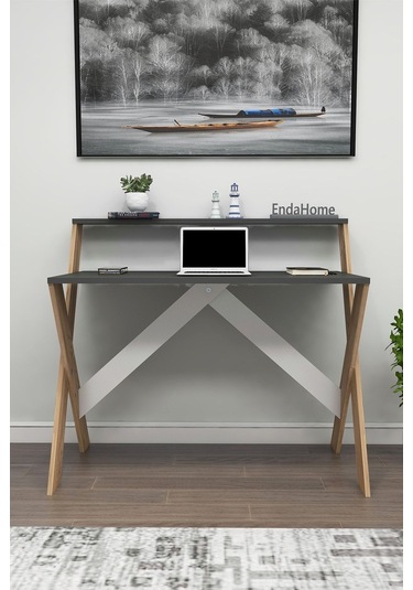 Enda Home X Ayaklı Raflı Ders Çalışma Masası 50x90 Cm Antrasit - Çam Atlantik Çam - Antrasit