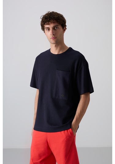 Tommy Life Lacivert Pamuklu Kalın Yüzeyi Dokulu Oversize Fit Basic Erkek T-shirt - 88341 001