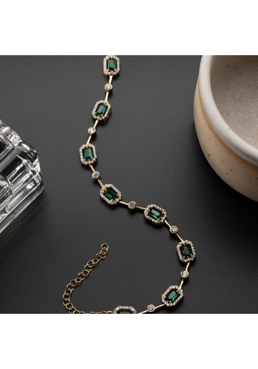 Kadın 925 Ayar Gümüş Zümrüt Taşlı Zarif Bileklik Altın