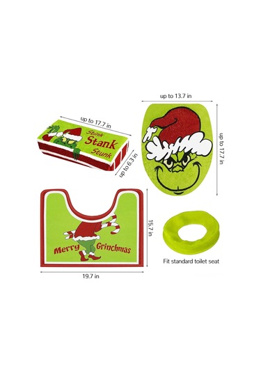 Qingmipy Grinch Noel Banyo Seti - 4 Parça Tuvalet Kapağı, Koltuk Pedi Ve Halı Yeşil Noel Dekoru