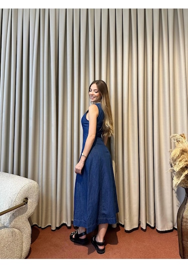 Proto Suit Sıfır Kol Mini Denim Elbise Lacivert