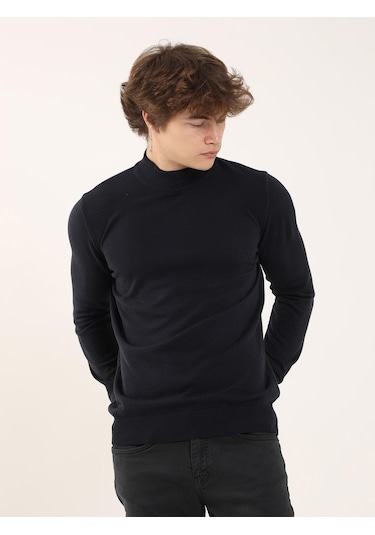 Dufy Lacivert Erkek Slim Fit Yarım Balıkçı Yaka Triko - 91097 Lacivert