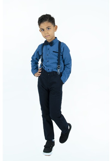 Uzun Pantolon Koyu Desenli Gömlek Erkek Çocuk Takımı İndigo