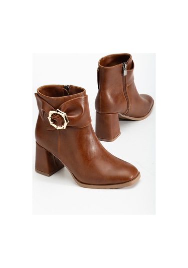 Taba Kadın Kalın Topuklu Bot Yan Fiyonk Aksesuarlı Küt Burun-4280 Taba