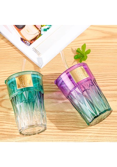 Pipetli Cam Bardak Beyaz - Mavi