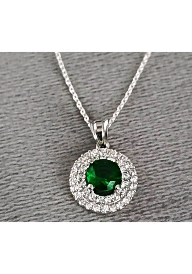 Lilahgümüştr Gümüş Yeşil Taşlı Yuvarlak Kadın Kolye