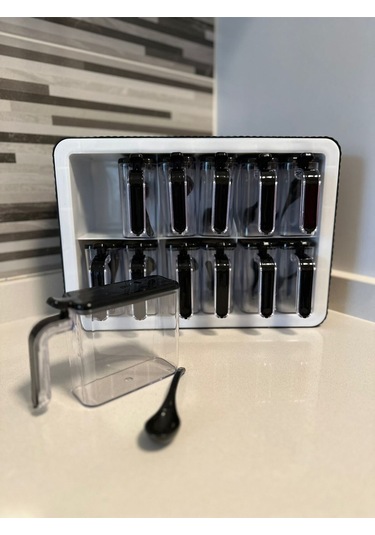 12'li Baharatlık Takımı Standlı Kendinden Yapışkanlı Kaşıklı Ve Kapaklı Baharatlık Seti Antrasit