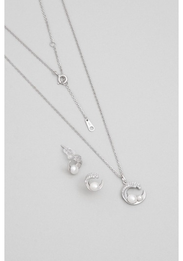 So Chic Minimal İnci 18 Ayar Beyaz Altın Kaplama Gümüş Seti Beyaz