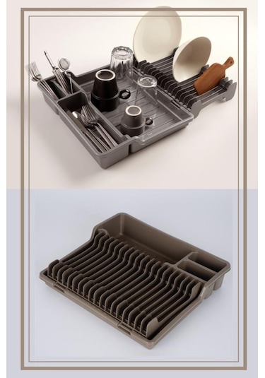 Flosoft Katlanır Bulaşıklık, Kaşıklık Bölmeli Tabaklık Kurutmalık Kahverengi