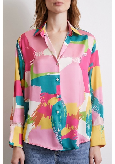 V Yaka Desenli Gömlek Pudra Pudra