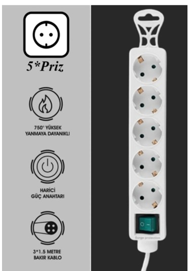 1.5mt 5'li Akım Korumalı Priz Kablolu Beyaz On/off Tuşlu Priz