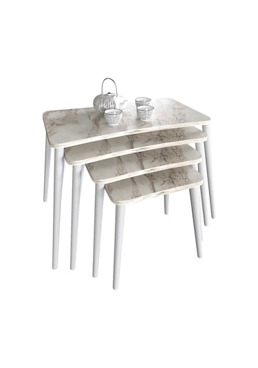 Selen 4lü Zigon Sehpa Ahşap Beyaz Ayaklı Salon Seti Çay Sehpası Beyaz Mermer