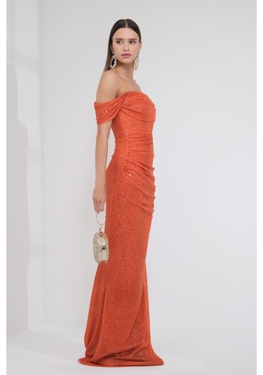 Explosion Tek Omuz Maxi Pırıltılı Gece Elbisesi - Özel Günler İçin Turuncu