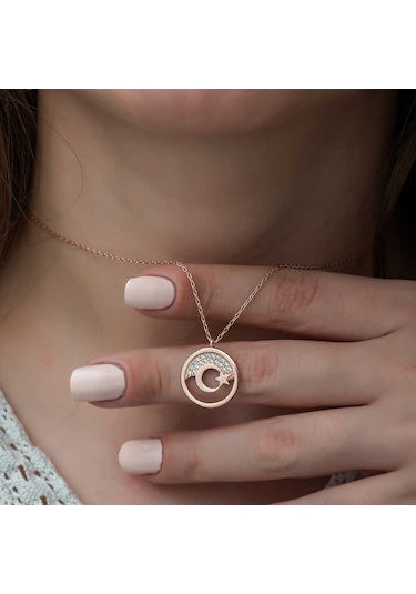 925 Ayar Gümüş Rose Ay Yıldız Kadın Gümüş Kolye Gümüş
