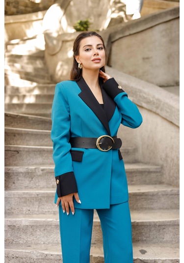 Gold Kemerli Garnili Kruvaze Takım Petrol Petrol