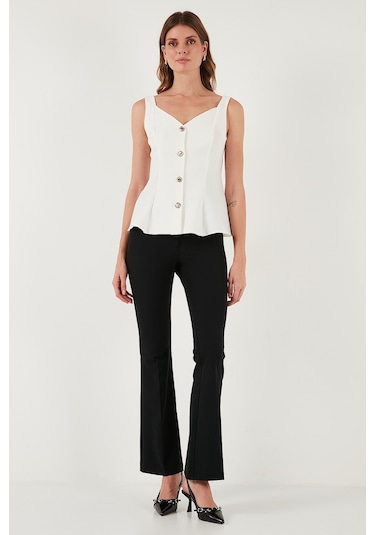 Lela Fitted Fit V Yaka Düğmeli Bayan Yelek 611Fyl145 Ekru
