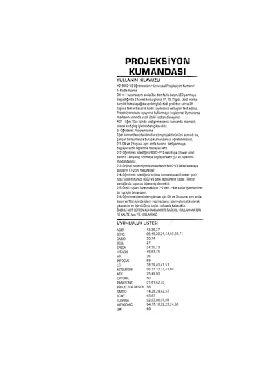 Acer Benq Uyumlu Casio Dell Epson Sony Toshiba Projeksiyon Kumandası
