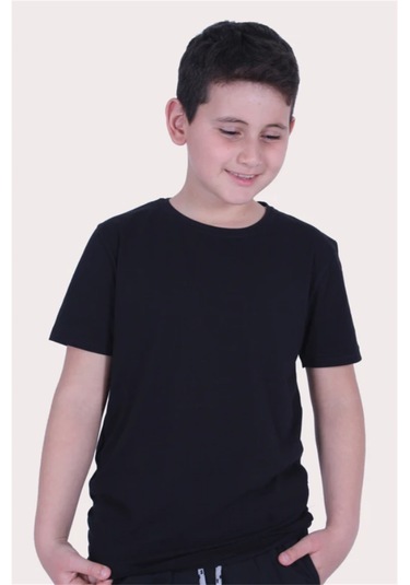 Basic Bisiklet Yaka %100 Pamuk Likralı Düz Unisex Çocuk T-shirt SIYAH