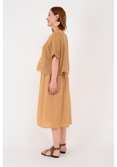 İtalyan Müslin Keteni Üstü File Bluzlu Astarlı Tek Parça Elbise-9256 Cappuccino