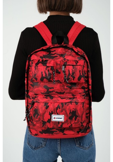 Kırmızı Icone Kamuflaj Baskılı Dört Cepli Sırt Çantası Kırmızı