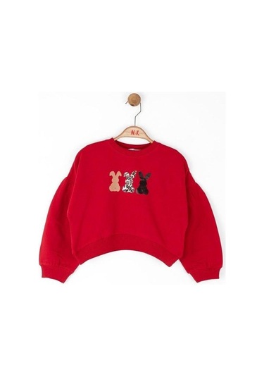 Kız Çocuk Pamuklu Orta Kalınlık Tavşan Baskılı Sweatshirt-14716 Kırmızı
