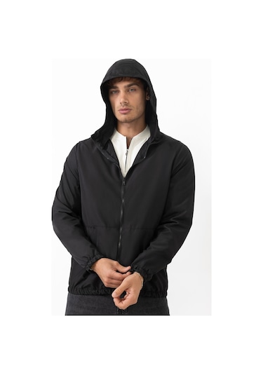 Freemen Erkek Siyah Kapüşonlu Su Ve Rüzgar Geçirmez Astarlı Oversize Yağmurluk Siyah