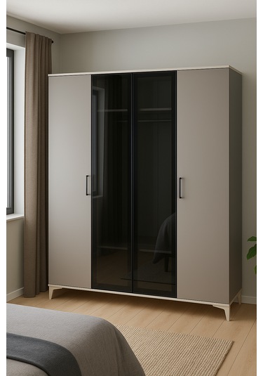 Deniz 4 Kapaklı Çekmeceli Mdf Dolap Ağaç Ayaklar