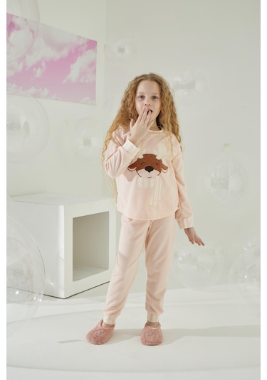 Kız Garson Uzun Kol Kadife Pembe Pijama Takımı C8t5n5o7 001
