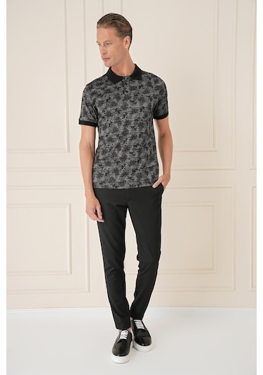 Slim Fit Dal Yaprak Desen Polo Yaka Pamuklu Siyah Tişört Ts 884 Siyah