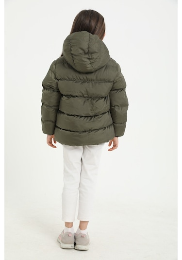 Kız Çocuk Haki İçi Polarlı Kapüşonlu Su Geçirmez Rüzgara Dayanıklı Cepli Şişme Kışlık Mont Haki