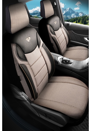 Bej - Siyah Panda Dragon Serisi Dokuma Kumaş Oto Koltuk Kılıfı - Tam Set