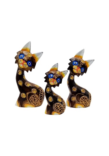Ahşap Aborjin Üçlü Kedi Dekoratif Biblo No.1 16 Cm