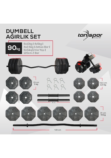 Tan Spor 90 KG Dambıl Halter Kısa Bar + Düz Bar Seti Sarı Kapaklı 150 CM