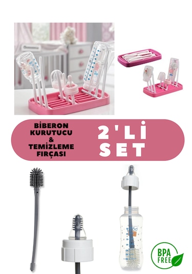 Biberon Kurutucu Ve Temizlik Fırçası 2'li Set Pembe