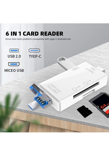 Usb 2.0 6 İn 1 Kart Okuyucu Ve Usb Çoklayıcı Type-c, Micro Usb, Sd/tf Kart Desteği Zr826