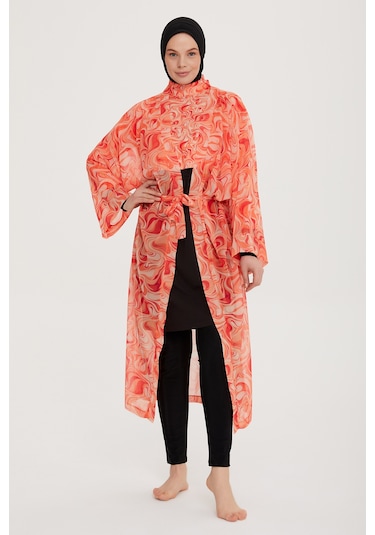 Remsa Mayo Remsa Tesettür Mayo Üzerine Tek Kaftan Kimono Pareo Rp007 Melis Turuncu