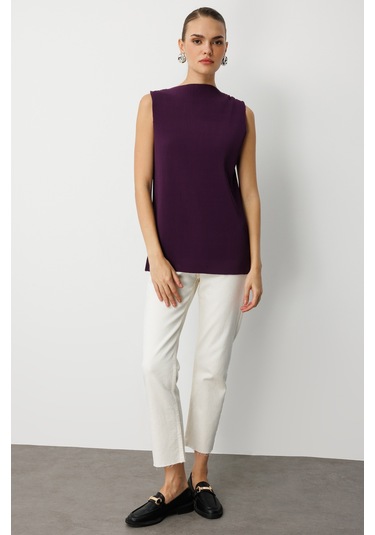 Mizalle Full İnce Pilise Mor Kolsuz Şifon Bluz Mor