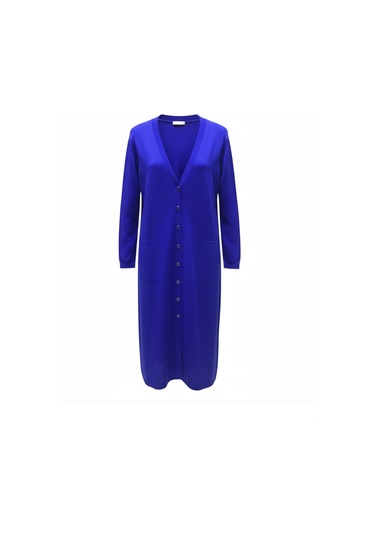 Kadın Önü Düğmeli V Yaka Cepli Mevsimlik Hırka Saks Mavi