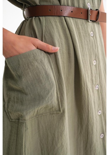 4453 Kadın Keten Cepli Midi Kemerli Elbise Haki Haki